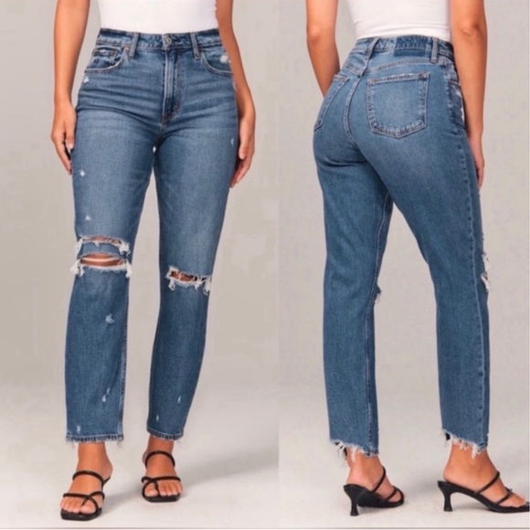 Abercrombie & Fitch Denim - Abercrombie and Fitch The Mom High Rise Distressed Medium Wash Jeans